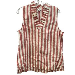 Crown &‎ Ivy XL Top Red White Striped Sleeveless Ruffle Linen Blouse